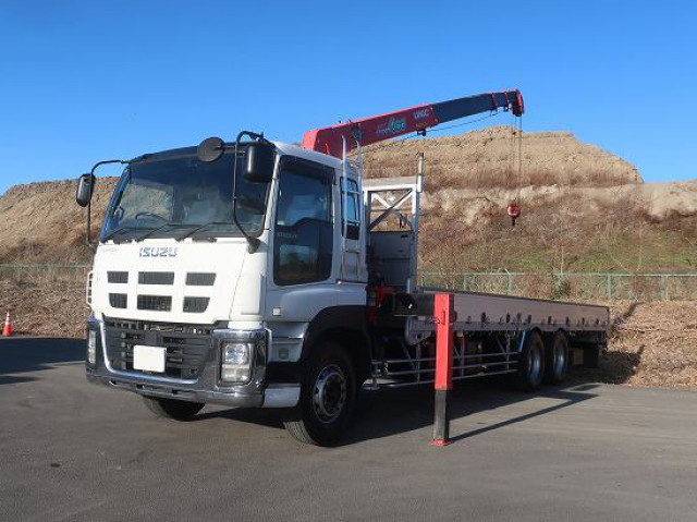 [Vehicle for lease rental only] 2014 Isuzu Giga Flatbed with Large Crane, Aluminum Block, High Floor, 3 Axles, 4-Speed Crane, Radio Control, Rear Air Suspension, 380 HP ★Rakunori Pack Installed!★