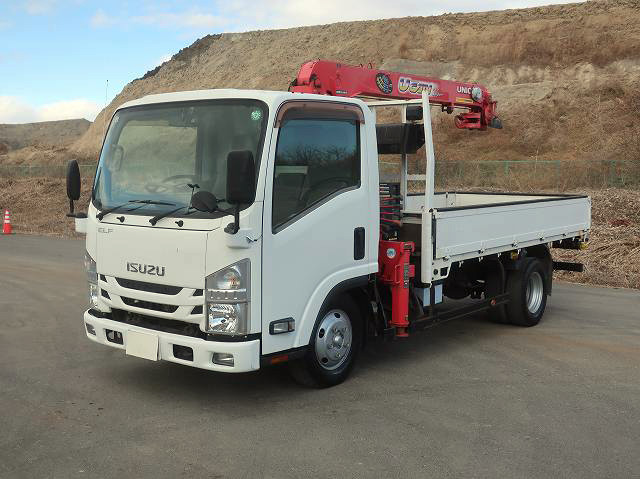 [Vehicle for lease rental only] 2016 Isuzu Elf Flatbed with 2-ton crane, standard long, 3-stage UNIC, 2.63-ton lifting capacity, radio-controlled, hook-in, 150 horsepower. ★Raku-Nori Pack installed!★