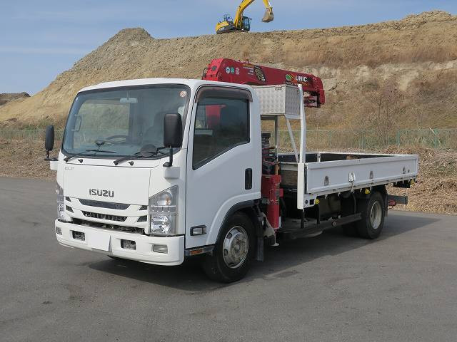 【リースレンタル専用車両】令和2年式 いすゞ エルフ クレーン付平ボディ ワイドロング ユニック3段 2.9t吊 ラジコン フックイン 175馬力★クレーン年次点検施工済み/楽のりパック施工済み!★