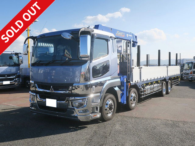 Mitsubishi Fuso Super Great 2024 model, flatbed aluminum block with large crane, 7-way opening, 4-axle low floor, Tadano 4-stage, radio-controlled, 394 horsepower, aluminum wheels