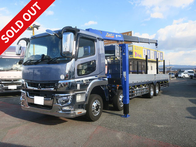 Mitsubishi Fuso Super Great 2024 model, flatbed aluminum block with large crane, high jack, 5-way opening, 4-axle low bed, Tadano 4-stage, radio-controlled, 394 horsepower, aluminum wheels