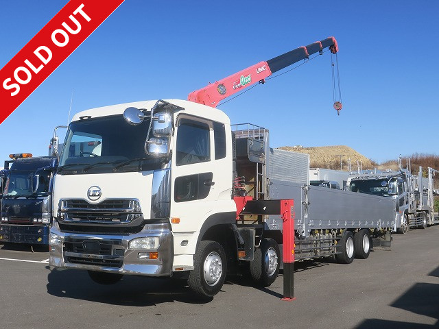 2015 UD Trucks Quon Flatbed with large crane Aluminum block 5-way opening 4-axle low-floor Unic 4-step Radio-controlled Hook-in Rear air suspension 