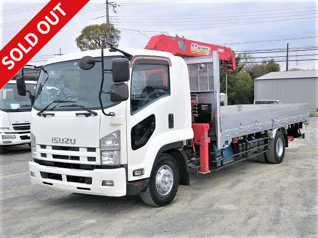 2014 Isuzu Forward, increased tonnage, flatbed aluminum block with crane, 3-way opening, Furukawa Unic 5-stage boom, 2.93 lifting, hook-in, radio-controlled, 240 horsepower *Medium-sized license for vehicles under 11 tons! ★Approximately 121,000 km on the meter! ★