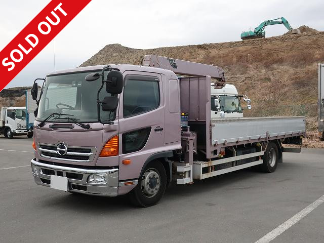 2015 Hino Ranger with Extra-Long-Duty Crane, Flatbed Aluminum Block, 6000 Wide, 7.2-ton Load Capacity, Tadano 4-Speed, Radio-Controlled, Hook-in, Rear Air Suspension, 260 HP, Inspection Valid until March 2017