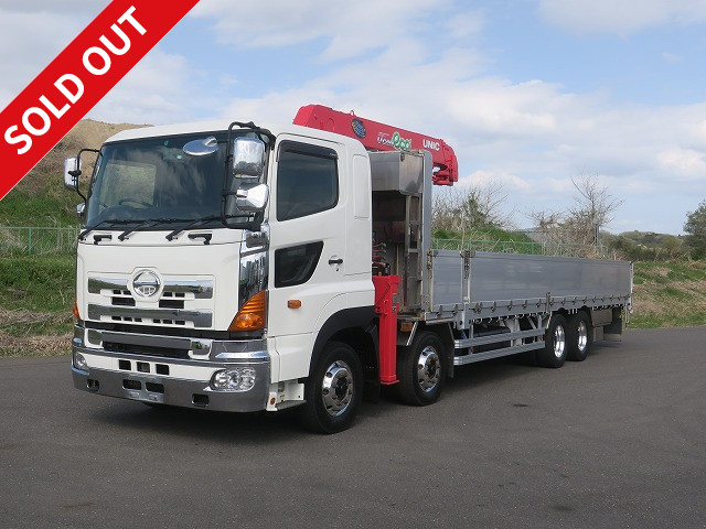 2012 Hino Profia with large crane, aluminum block, 5-way opening, 4-axle low bed, Unic 4-stage boom, all-wheel air suspension, hook-in, radio-controlled aluminum wheels